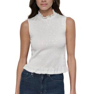 NWT DKNY Jeans Sequin Smocked Ruffle Mock Neck Ivory Sleeveless Top